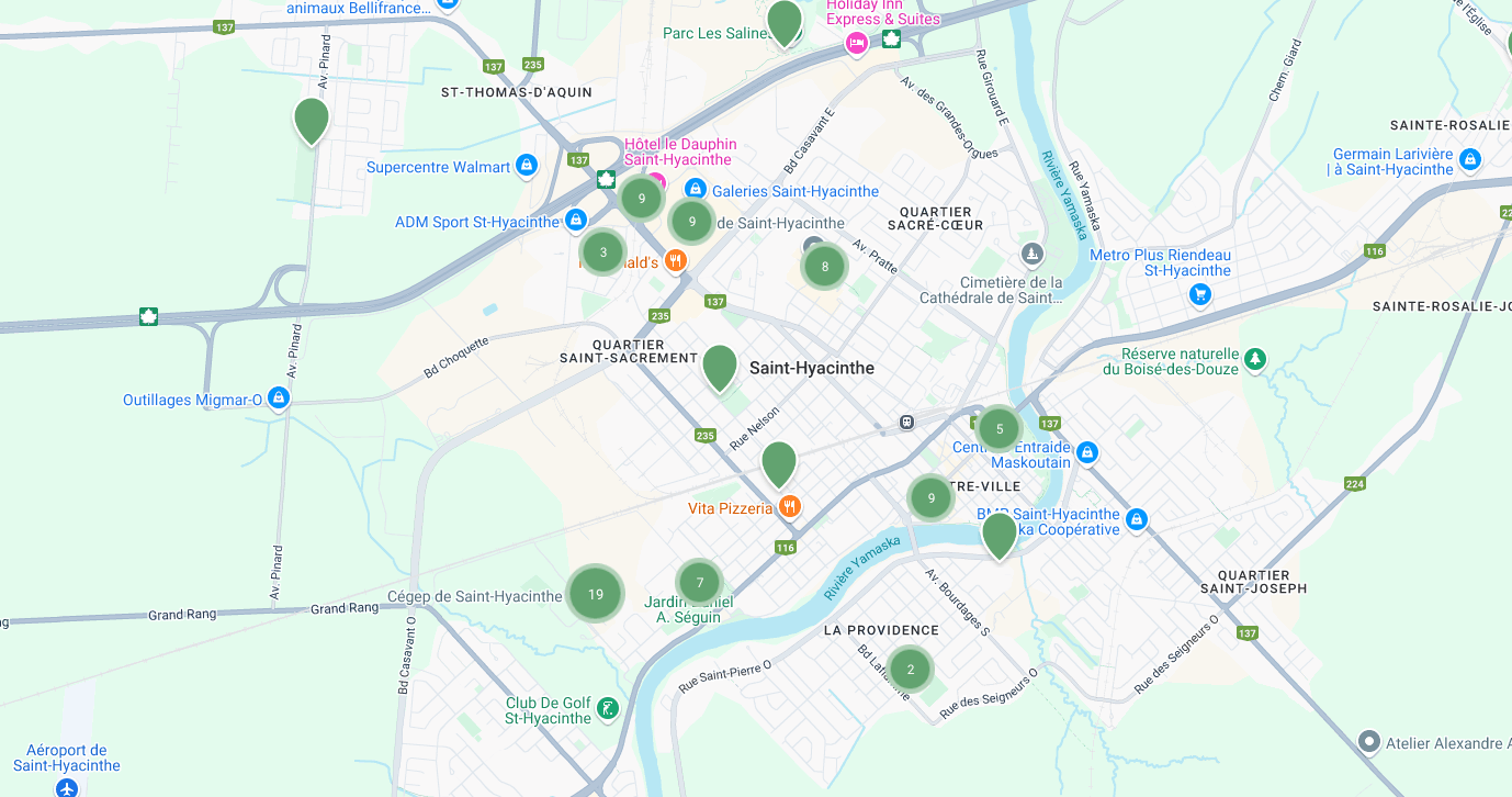 Carte de l'emplacement des bornes à Sainte-Hyacinthe.